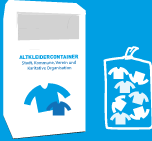 Schritt 1: Altkleidersammlung durch Vertragspartner Zwei Icons: Altkleidercontainer daneben ein Alkleidersack